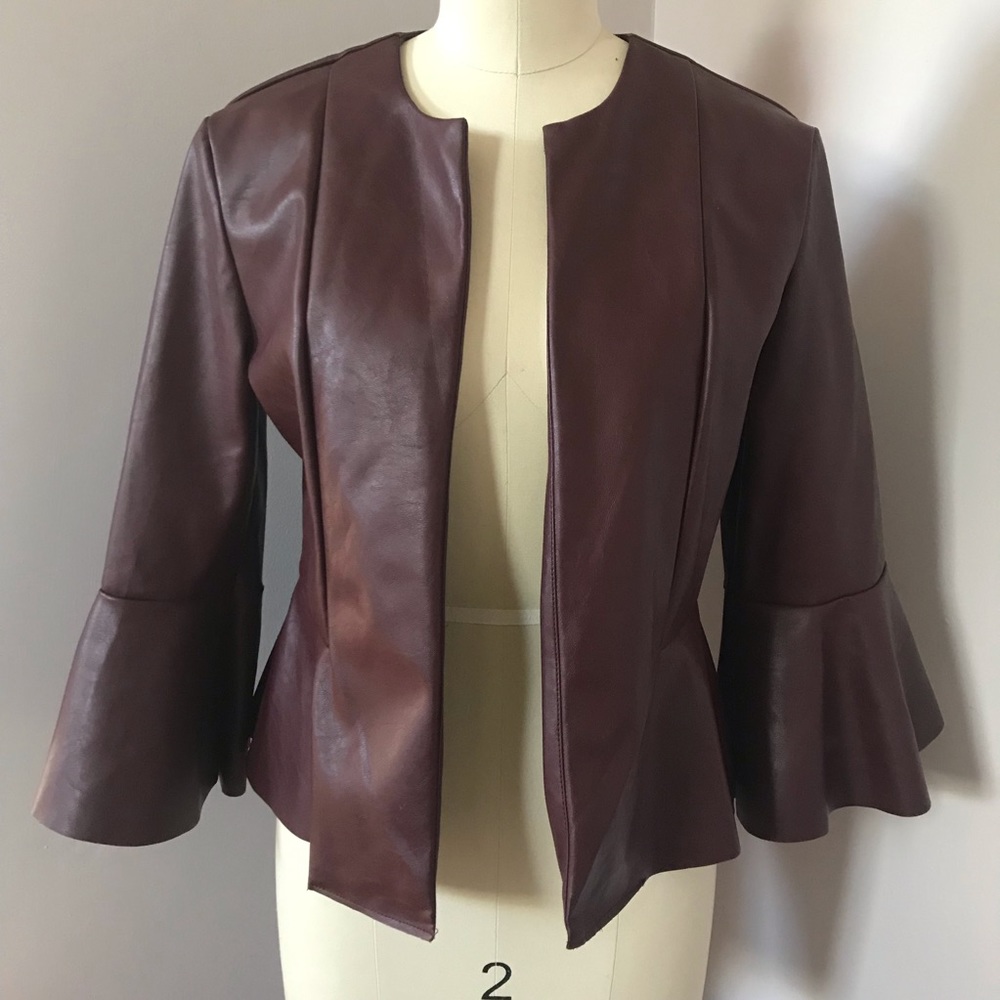 DO+BE Brown faux Leather Peplum Sleeve Open Front Jacket